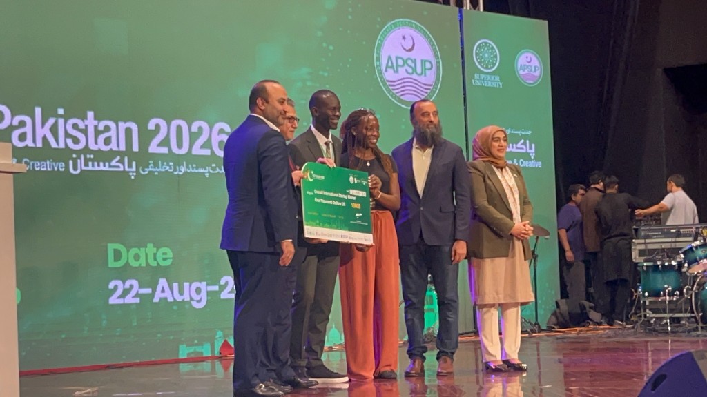Receiving the international startup winner prize at SEE Pakistan